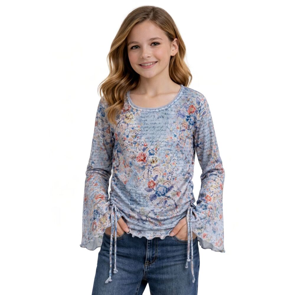 Periscope Girls M 10/12 Boho Floral Bell Sleeve Top Side Tie French Script #O